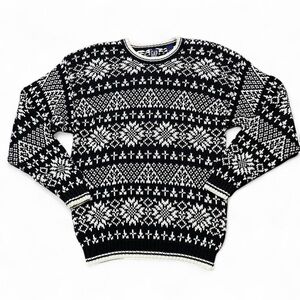 VINTAGE GAP 90s Y2K Black White Fair Isle Snowflake Ski Chunky Sweater Men Large